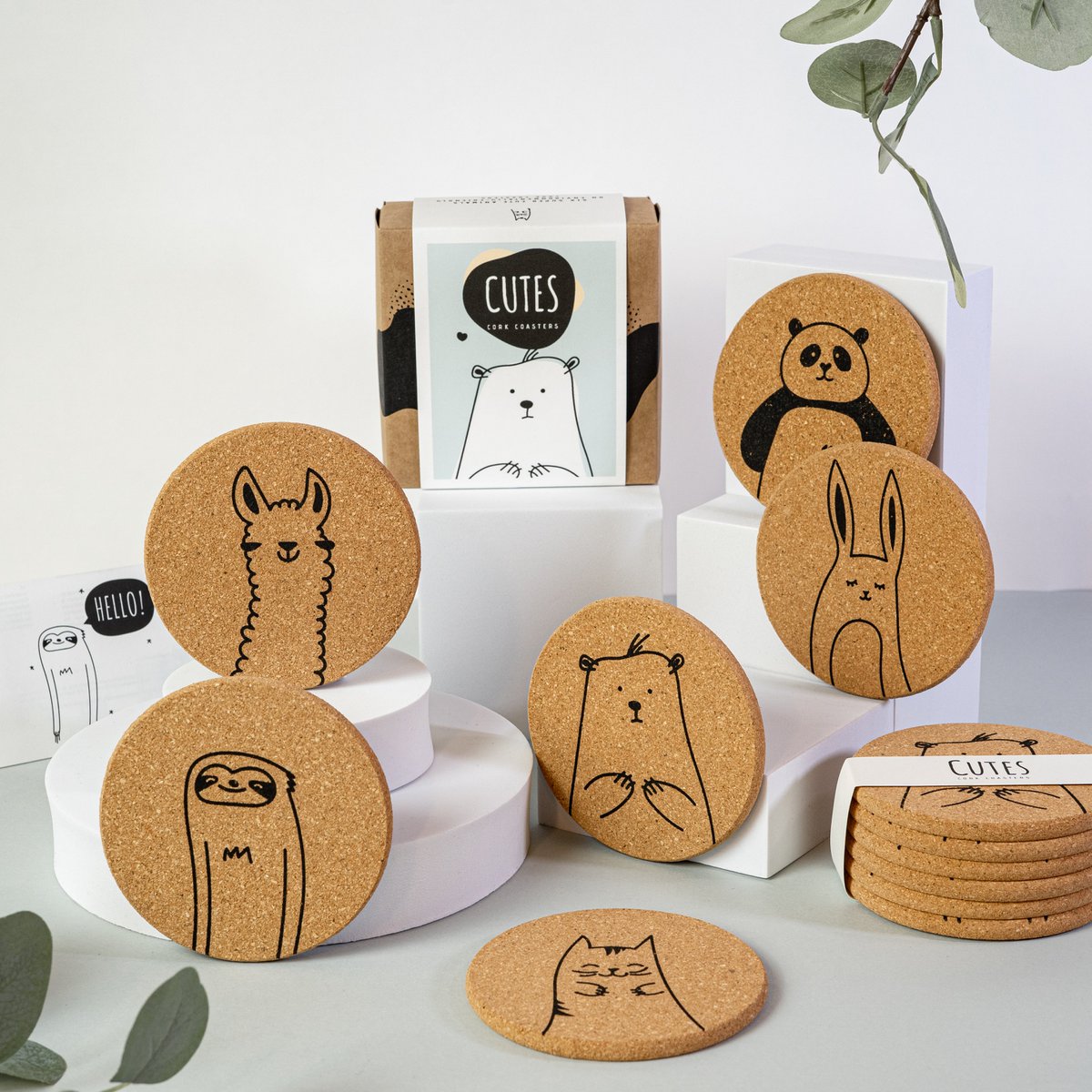 Schattige hond/kat/cuties Kurk Onderzetters (set van 6 stuks)